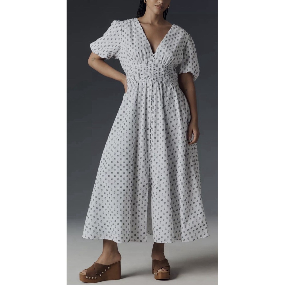 NWT Anthropologie Katerina Button Front Dress White Textured Midi Cottagecore XL